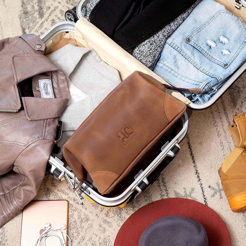 HLC Leather Toiletry Bag for Men Best Gift Premium Genuine Leather Dopp Kit Shaving Kit Organizer Travel Kit Pouch Bag for Men Large Size (TAN) - Image 5